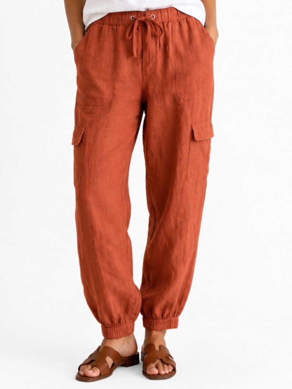 Nicole Miller Burnt orange Womens Size Large 100% linen Cargo jogger pants